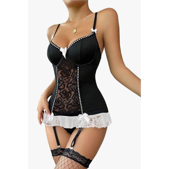 Lilosy Sexy Stocking Garter Belt Bows Floral Lace Babydoll Corset - Picture 3 of 6